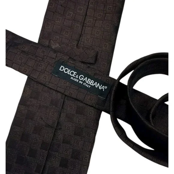 DOLCE & GABBANA Men's 100% Silk Necktie LUXURY Tie Brown Geometric W:3.4" EUC